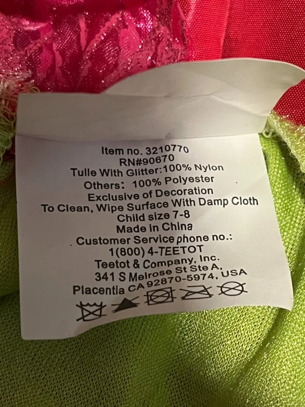 Teetot Fairy Costume Girls Size 7-8 Pink Green Glitter Tulle Halloween Dress Up